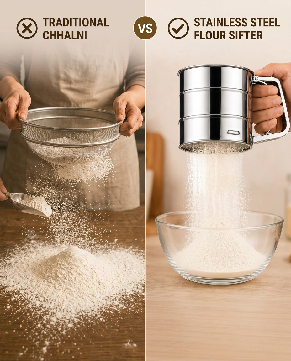 Stainless Steel Flour Sifter With Handle (Atta Chalni)
